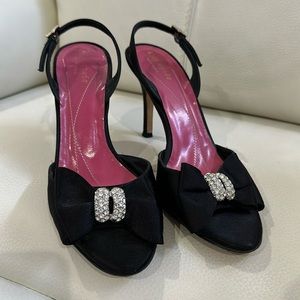 Kate Spade Black Satin Jeweled Rhinestone Bow High Heel Slingback Open Toe Heels